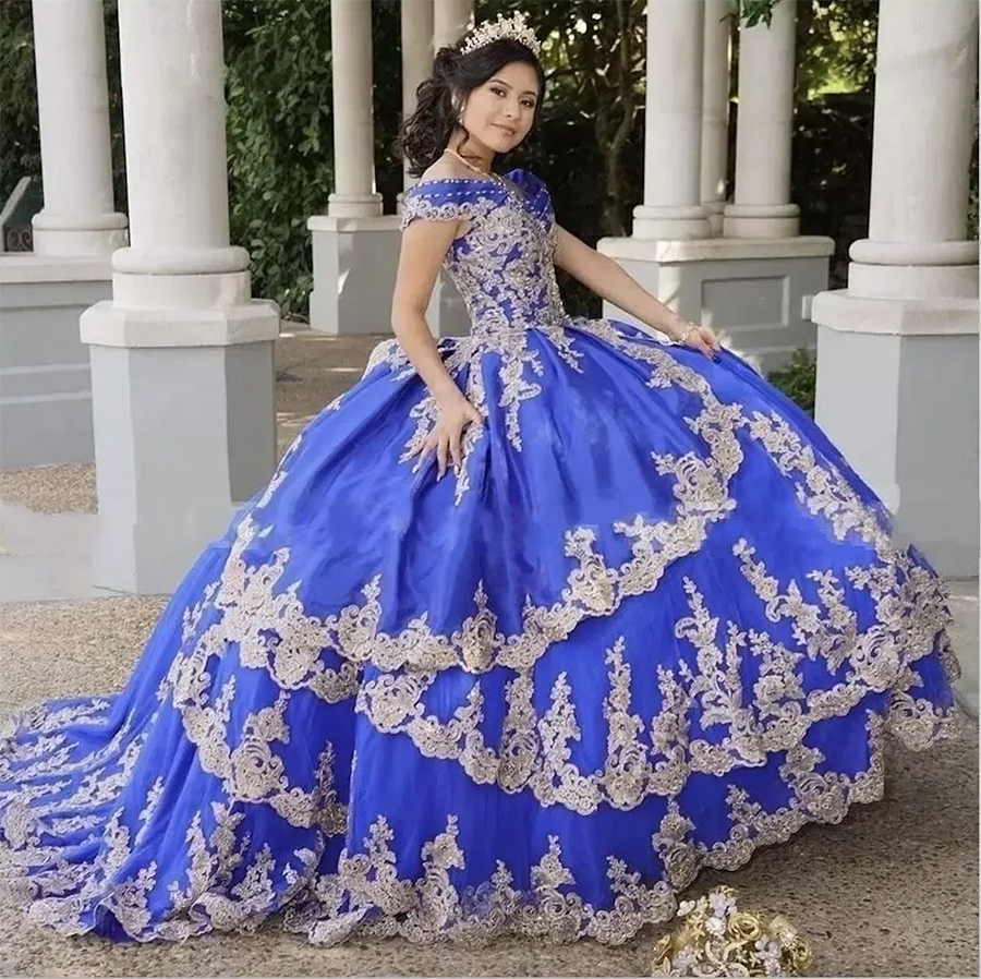 Royal Blue Gold Applique Quinceanera Dresses Ball Gown Puffy Off The Shoulder For Women Lace-up Sweet 16 Prom Girls