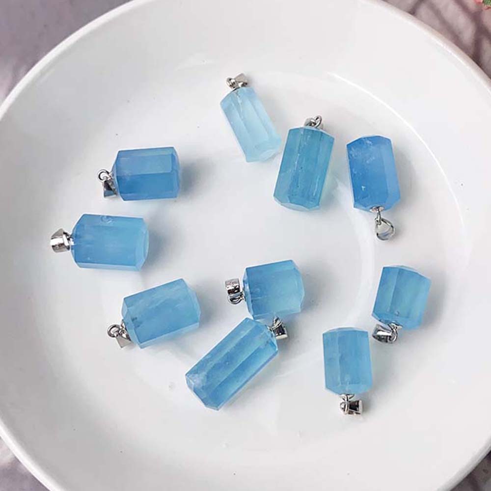 Real Natural Aquamarine Round Pillar Pendants Column Crystal Jewelry Semi-Precious Stone For Necklace Wife Daughter Gifts