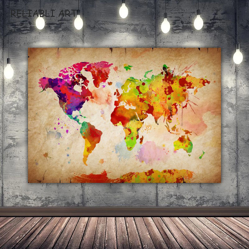 Moderne Gekleurde Mapa mundial Mapa de arte de pared en estampados de imprenta Canvas Schilderij Voor Woonkamer Decoración del hogar sin marco