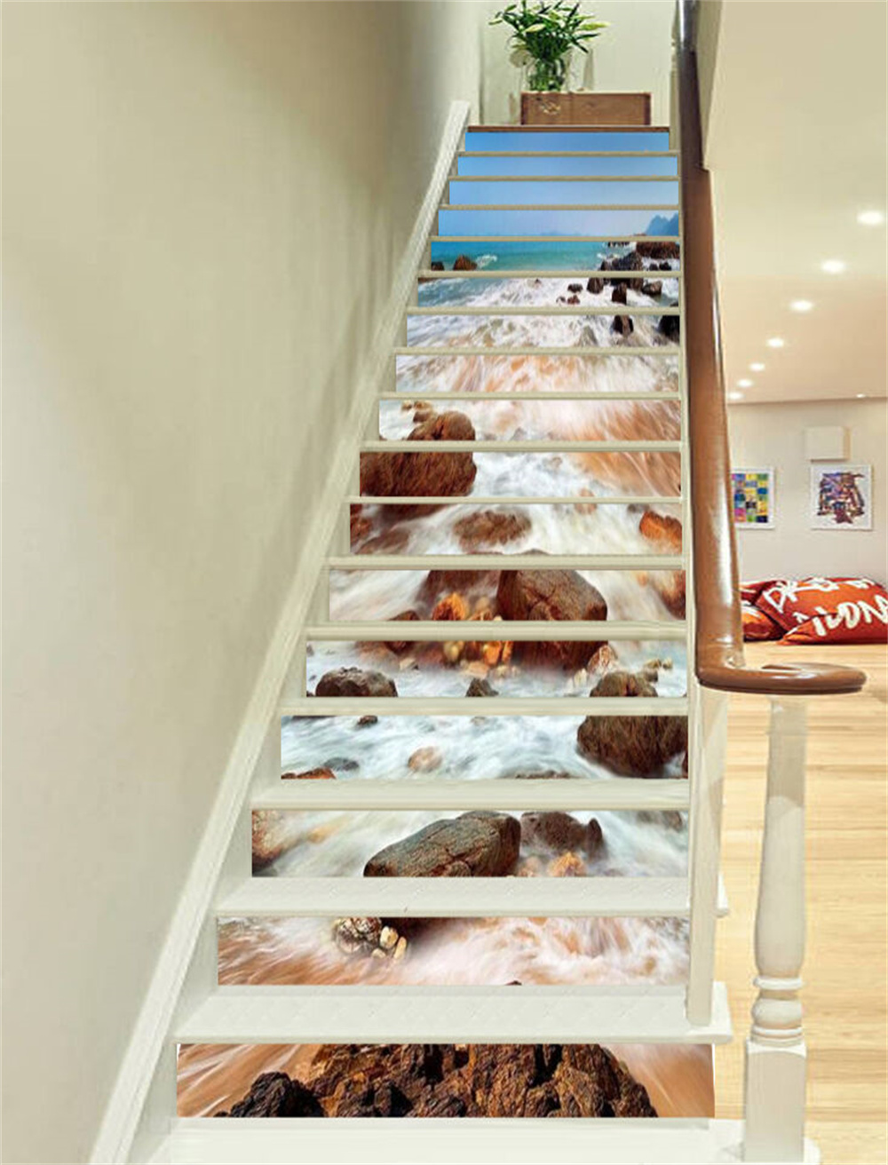 Dusk Cenário Lake Water Staircase adesivo para degraus de piso Decorativo Jungle Stair Stairs Sea Wallpaper Decalques de parede autoadesivos