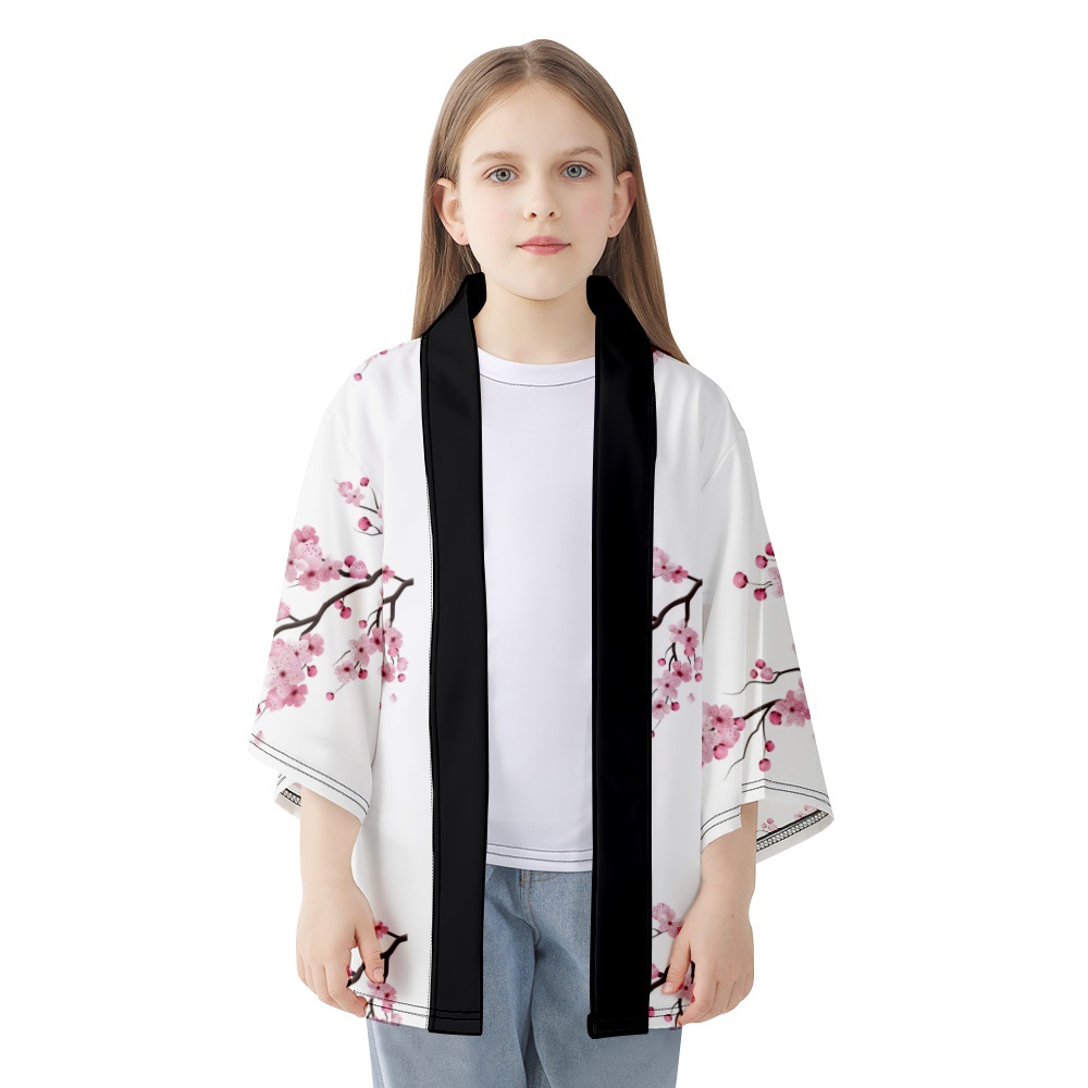 Summer Pink Peach Blossom Imprimé blanc en vrac japonais Japonais Kimono Femmes Hommes Beach Haori Chemises surdimensionnées Tops