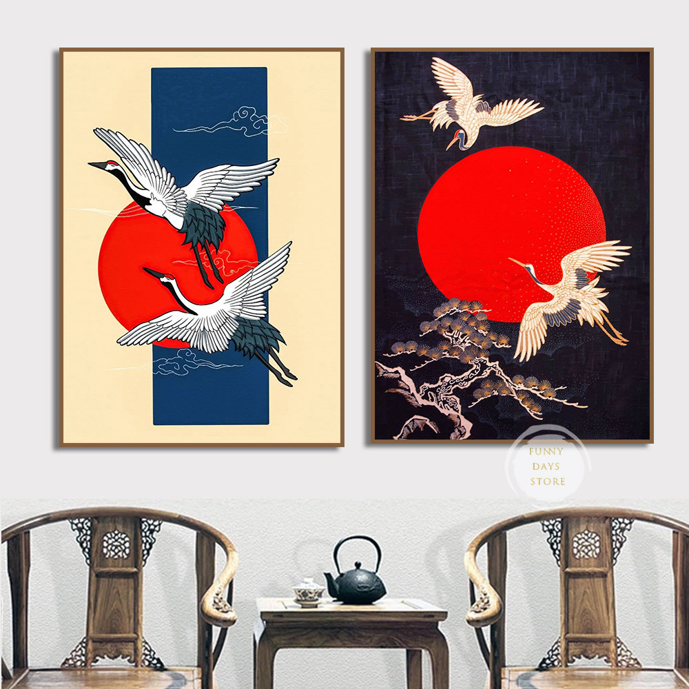 Chinese Style White Crane Mountains-and-waters Painting Flower Bird Poster Canvas Print Aesthetic for Living Room Home Decor