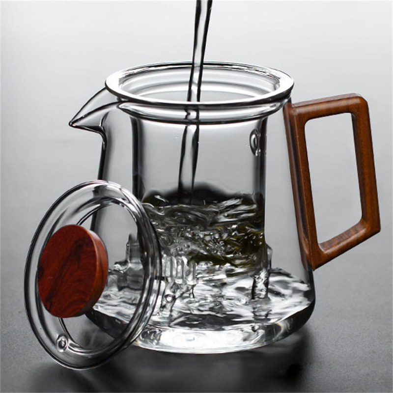 TEAPOT DE VERRE 580 ML AVEC FILTRE POIRE EN BOIS POIRE MÉNAGE Résistant à la chaleur à la chaleur Fleur Fleur Fleur Pichet de thé