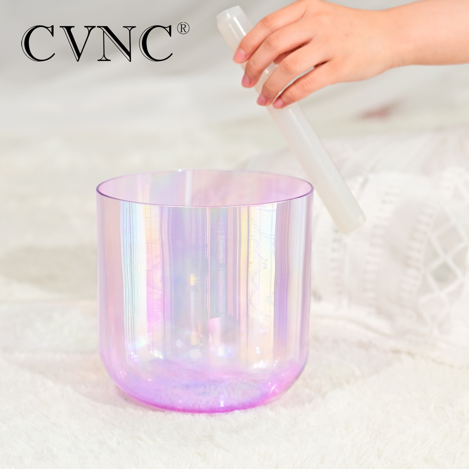 CVNC 7 pouces Alchimie claire Quartz Crystal Singing Bowl Purple avec lumière cosmique pour guérison sonore avec maillet libre et joint torique