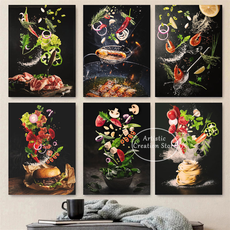 Smakelijk vlees en ingrediënten keukenmuurposter canvas schilderijen pasta noedels vliegende eten muur kunst foto restaurant huisdecor