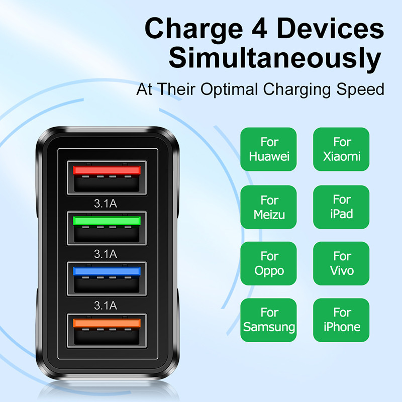 Adaptateur de chargeur de téléphone rapide DC 5V 3A 4 Charge d'alimentation USB pour iPhone 13 12 11pro Samsung Huawei Xiaomi Meizu Vivo iPad