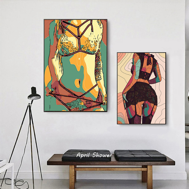 Abstrato de biquíni geométrico garotas de carmolas sexy pôsteres de lona pinturas e impressões artes de parede imagem moderna para decoração de casa de sala