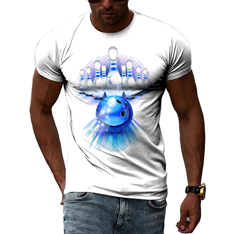 Modieus en interessant 3D-bedrukt bowling grafisch T-shirt, heren zomercompetities sport ronde nekkleding met korte mouw