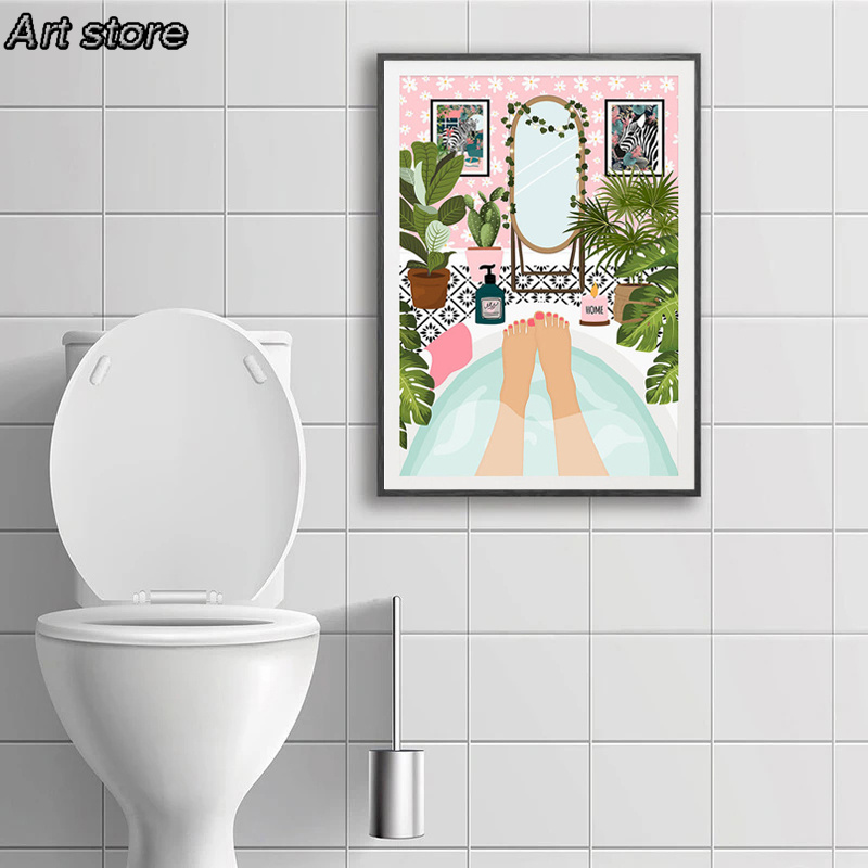 Tiger in Bathtub Botanical Animal Print Poster Tropical Jungle Murgle Art toile Painitng Bathroom Toilet Safari Home Decor