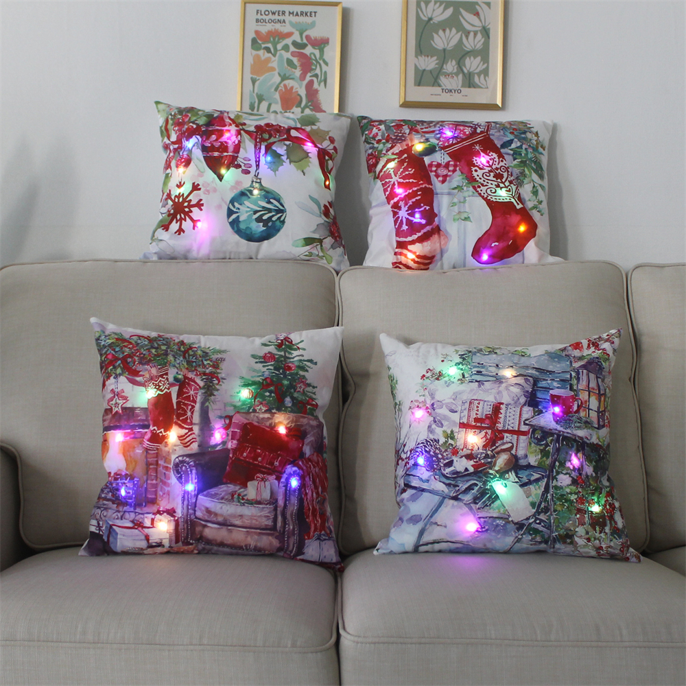 LED -ljus julkudde kuddar täcker kort plysch Santa älg Kastkudde för hemlök Santa Clause deco hem för soffa 2024