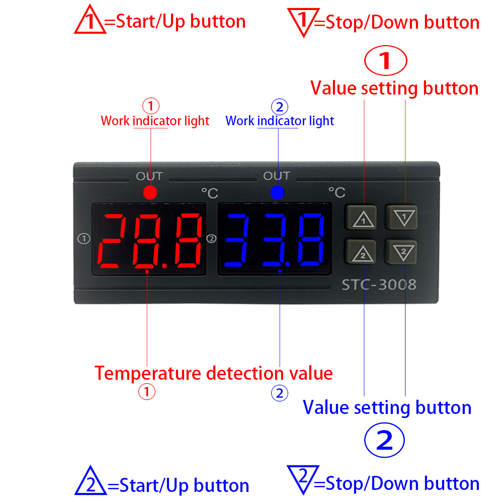 STC-3008 Podwójny cyfrowy kontroler temperatury dwa wyjście przekaźnikowe 12 V 24 V 220V termoregulator termostat podwójna sonda podgrzewacza termostat