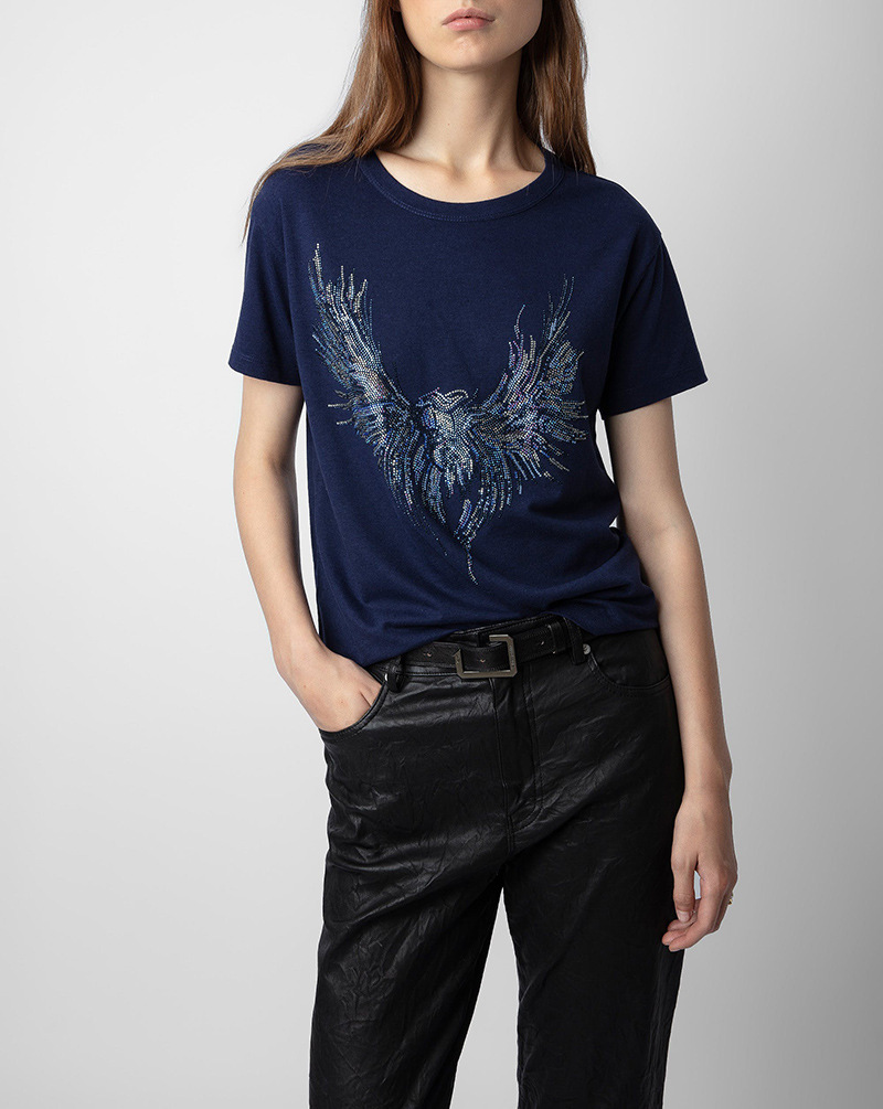 Aich Mirror Wing Hot Drill Women T-shirt Zomer O-Neck Korte mouw Linnen Lady Lady Pullover Vintage Classic Casual Femme Tops 2024 Frans modemerk ZV