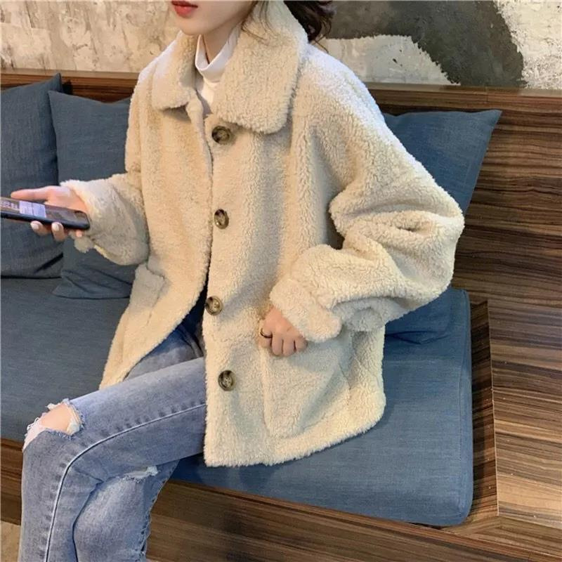 Deeptown Jackets Women Loose Cropped Fleece Vintage Harajuku Sweet Soft Girl Lambs Wool Coat Thicken Baggy Winter Korean Fashion