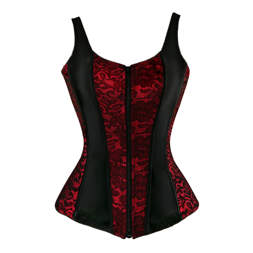 Corset Bustier Top Zipper voorkant met riemen duwen burlesque overbust brokaat vintage kant bloemen plus size lingerie