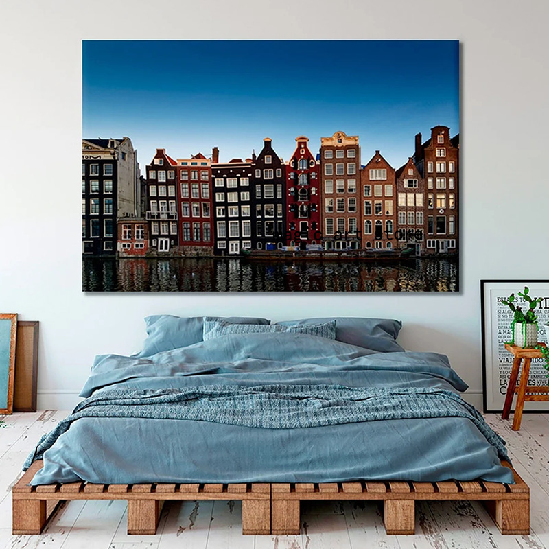 オランダのヴィンテージオールドシティアムステルダム運河の家アートランドスコッパーキャンバスペインティングウォールプリント画像室の家の装飾