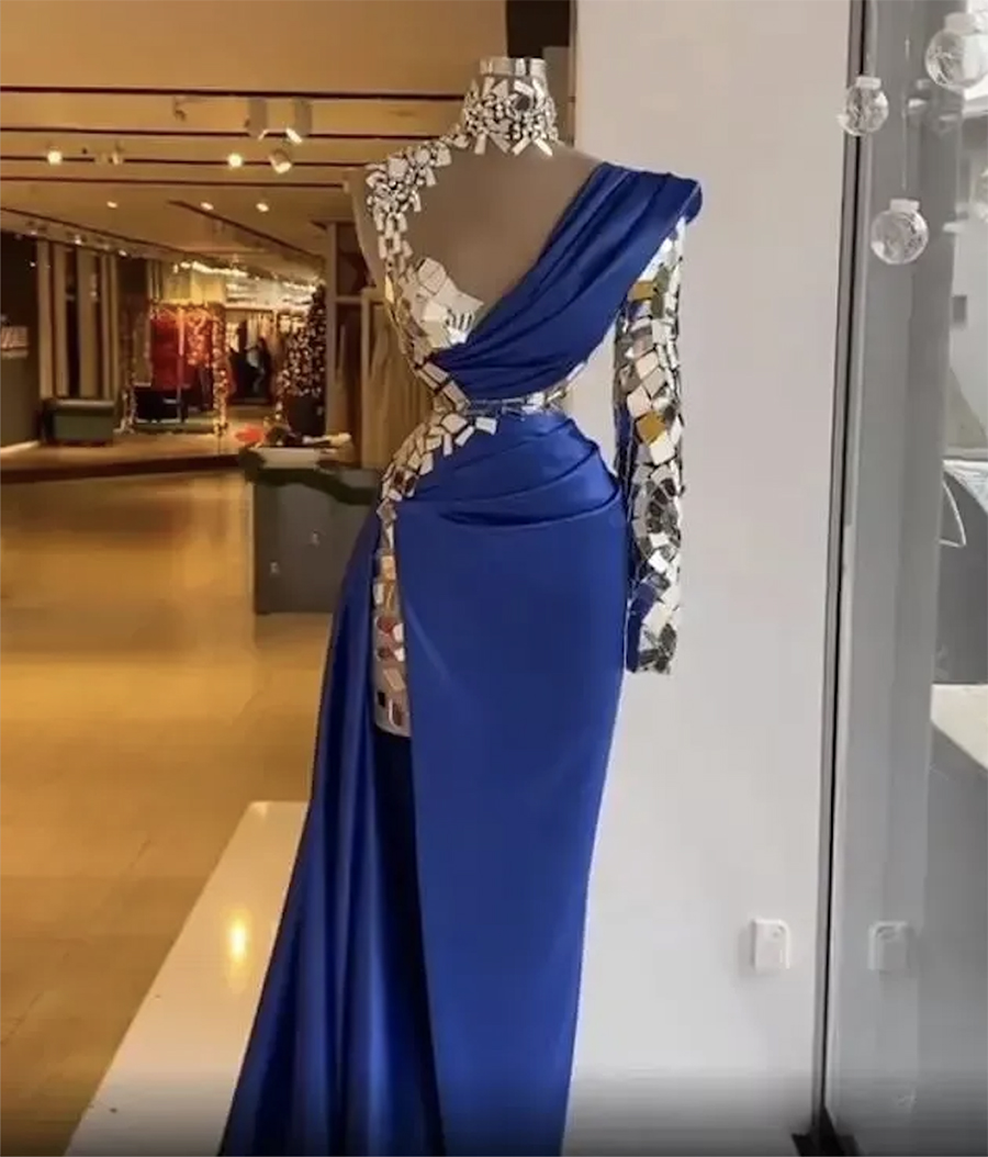 Royal Blue Luxury Pärled Crystal African Evening Dresses Luxurious Aso Ebi Mermaid Prom Dress One Long Sleeve Formal Evening Party Gowns Split golvlängd