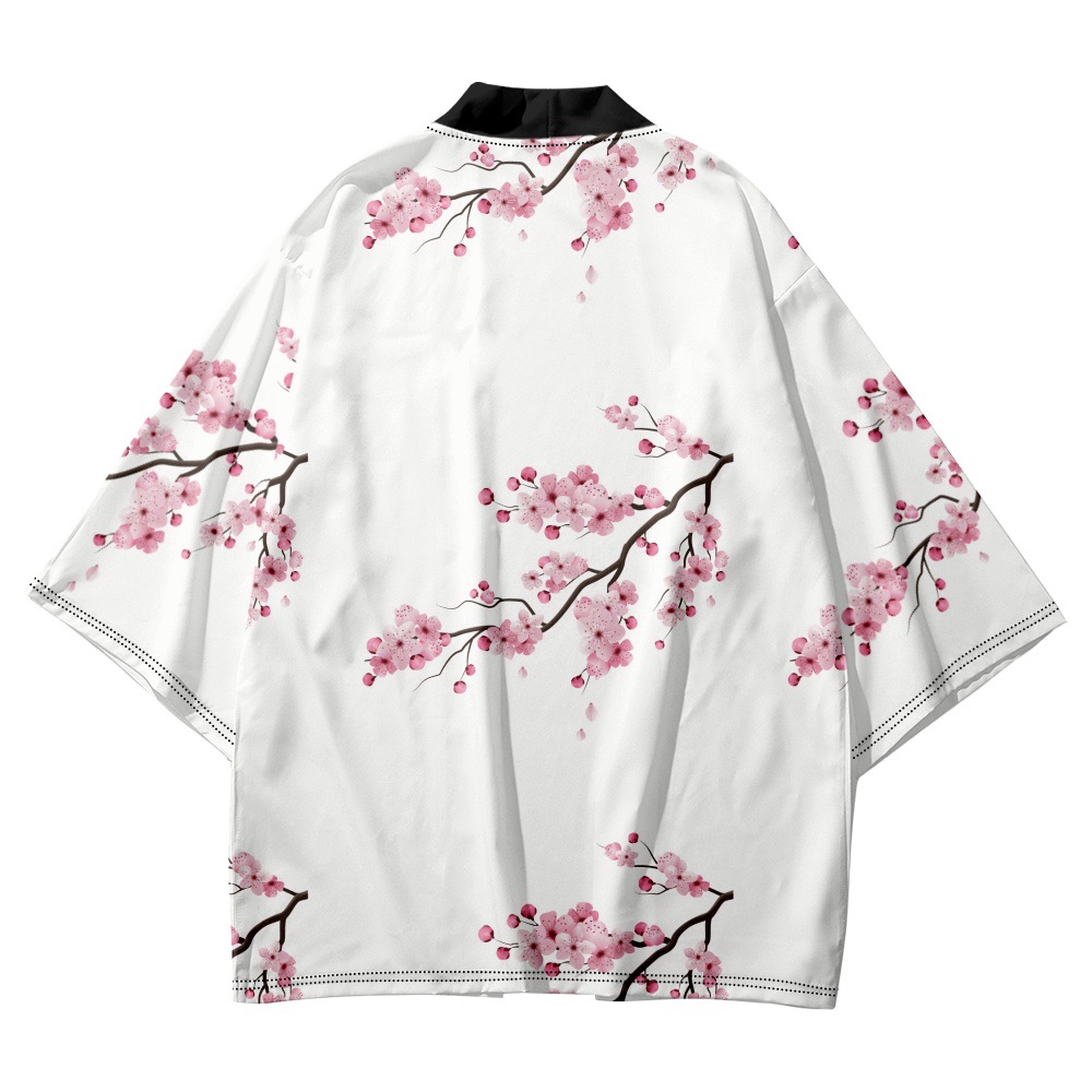 Summer Pink Peach Blossom Imprimé blanc en vrac japonais Japonais Kimono Femmes Hommes Beach Haori Chemises surdimensionnées Tops