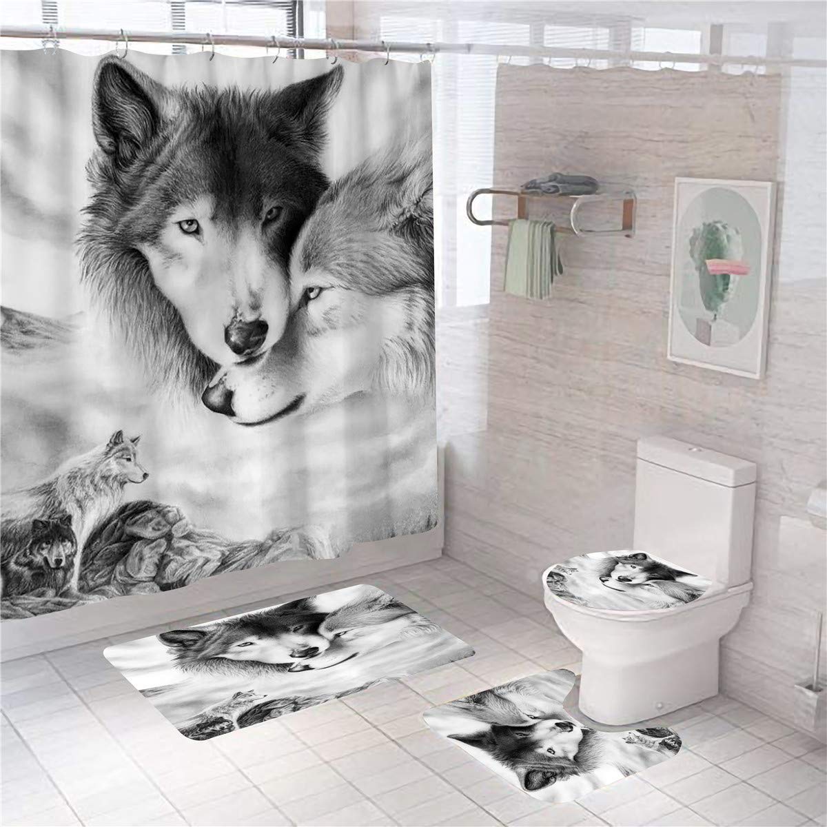 Mystery Wolf Animal Printed Duschgardin Set With Bath Mat Anti-halk Toalettlocket Cover Badrumsmattan Hemdekoration