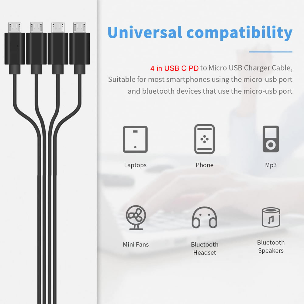 4 en 1 1 Câble de chargeur rapide de type C à micro USB 4 Port Micro USB PD Câble de charge pour Samsung Xiaomi Tablet Power Bank plus