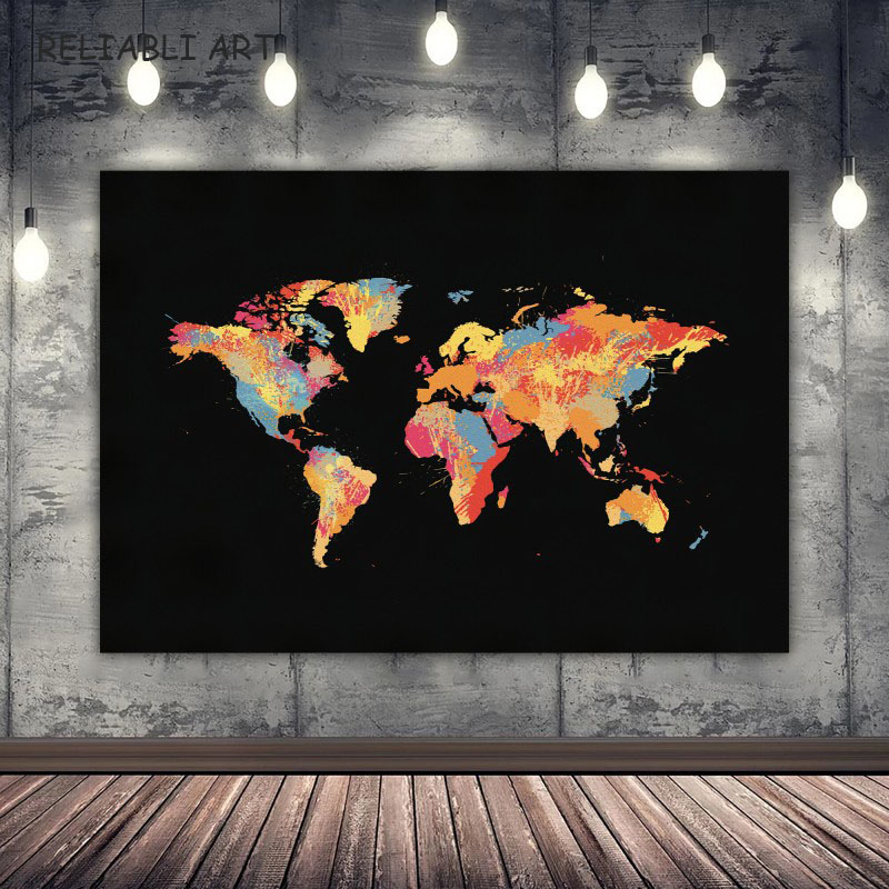 Moderne Gekleurde Mapa mundial Mapa de arte de pared en estampados de imprenta Canvas Schilderij Voor Woonkamer Decoración del hogar sin marco