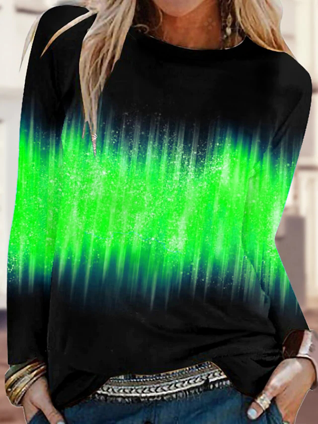 여자 탑 컬러 블록 반짝이는 스트리트웨어 스포츠 주말 그림 티셔츠 티 셔츠 긴 소매 프린트 라운드 넥 기본 xs-8xl