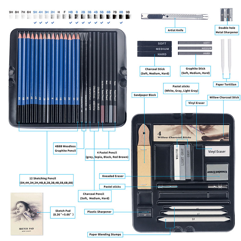 Set Professional Sketching Drawing crayons de croquis graphite de charbon de bois