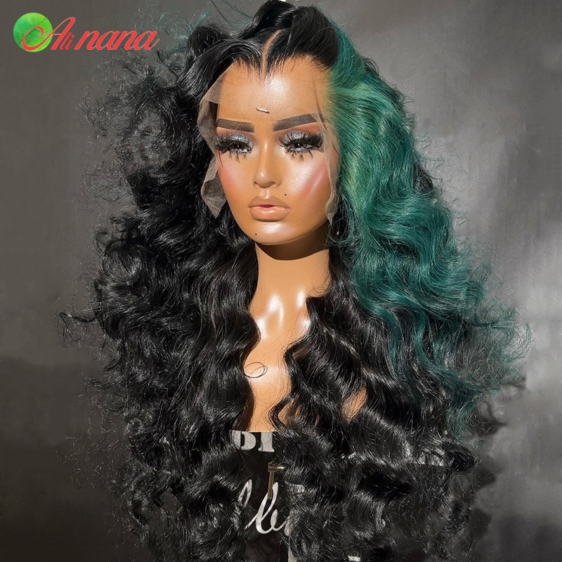 Highlights Green Cyan Color Deep Wave 13x6 Lace Frontal Wigs Human Hair Wig For Women Pre-Plucked Transparent Lace Closure Wig