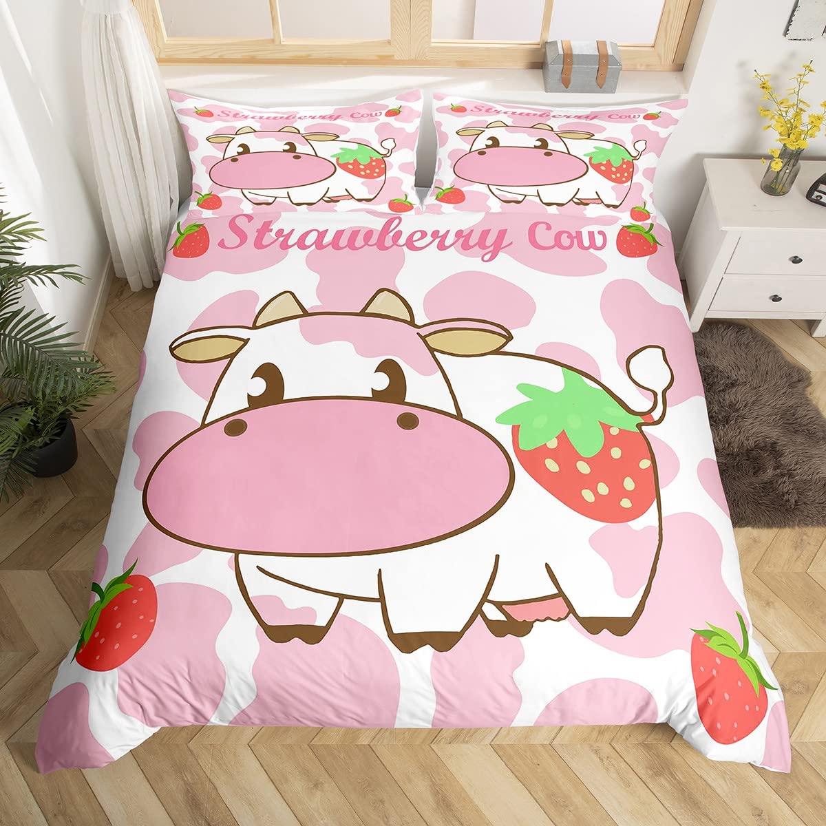 Milk Cow Duvet Cover Set Pink White Cow Strawberry Pattern Comforter Cover Bedding Set for Girls Kawaii Milk Cow Qulit Cover Set