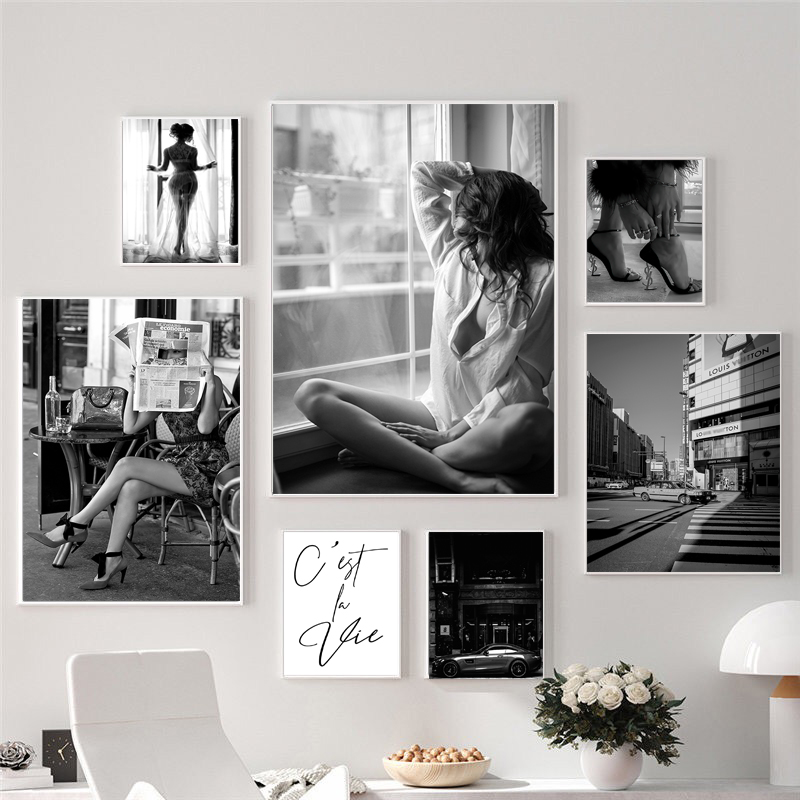 Modern zwart witte sexy vrouw poster luxe straat landschap decoratieve foto's canvas schilderen schilderij muur kunst woonkamer thuis decor