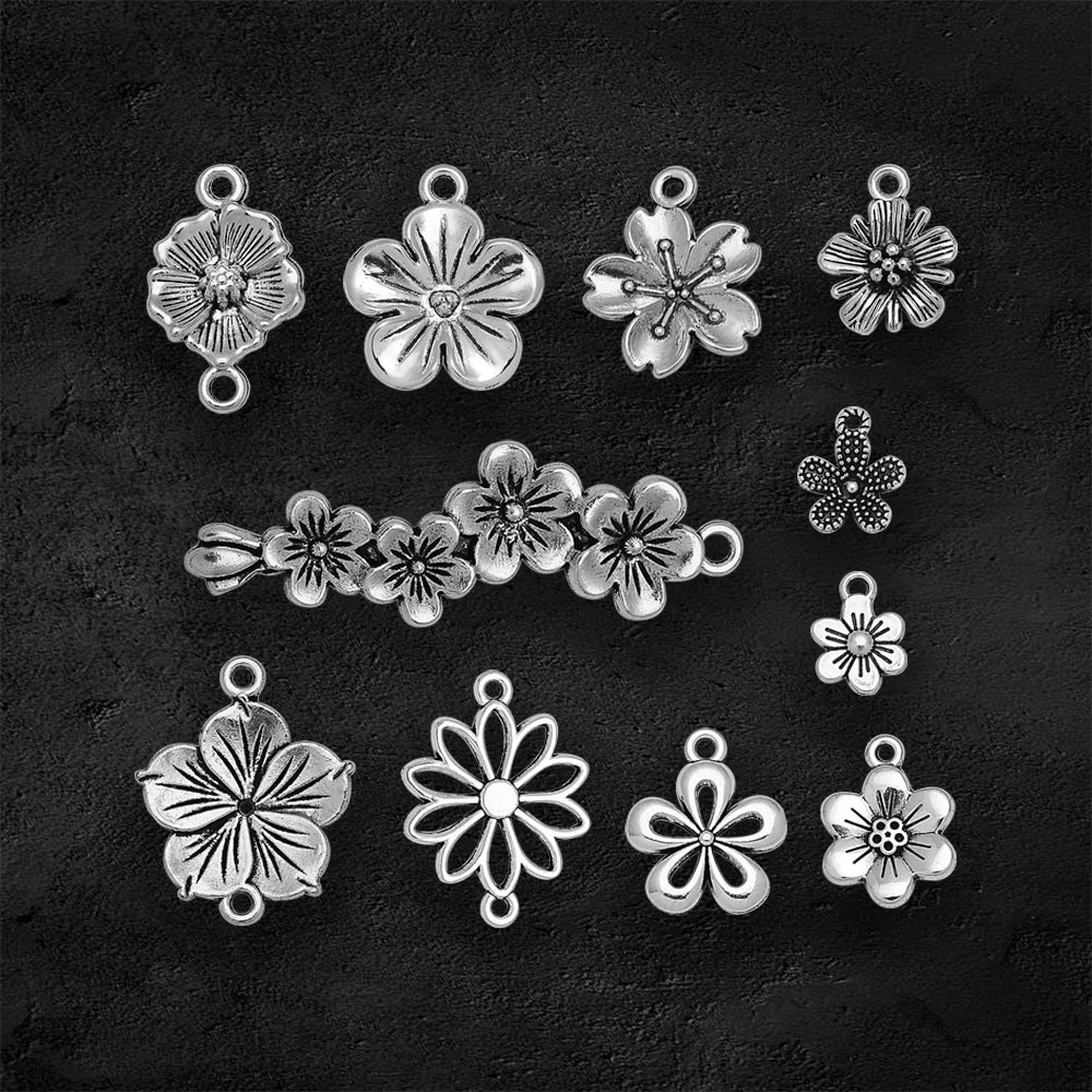 Antique Silver Plated Flowers Blossom Plum Charms Connector Pendant For Diy Earring Jewelry Making Findings Supplies Accessories