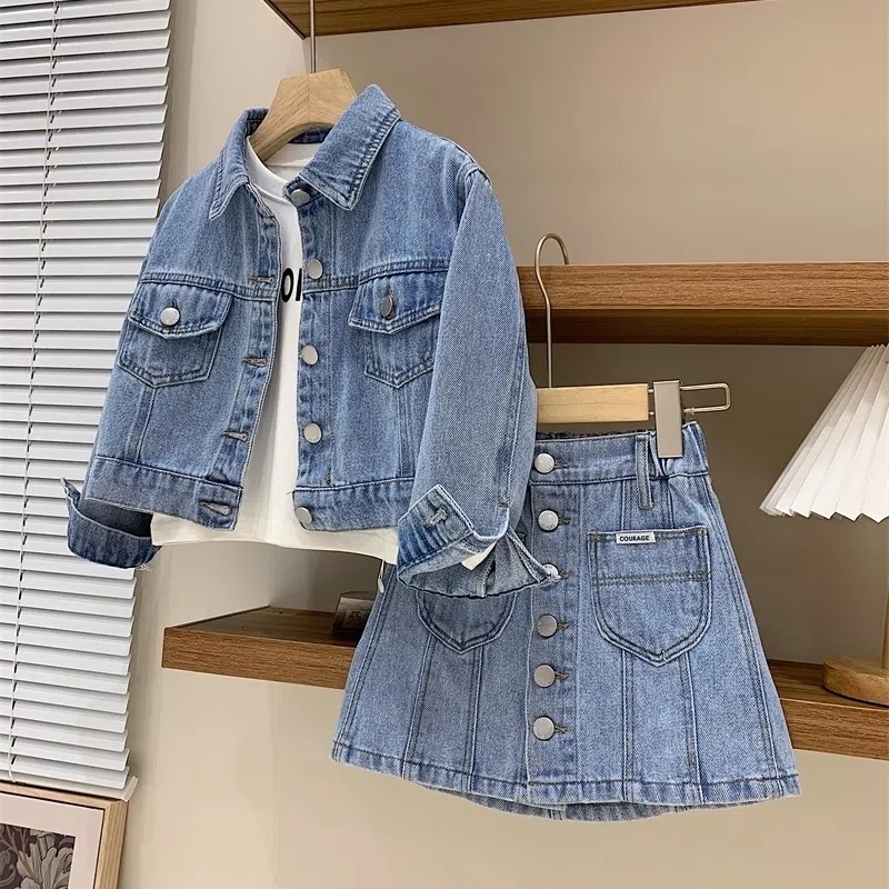 4 6 8 1 0 12YTeenage Clothing Suit Girl's Jeans Coat Set Spring Autumn New Girl's Simple Washed Denim Jacket Skirt Set