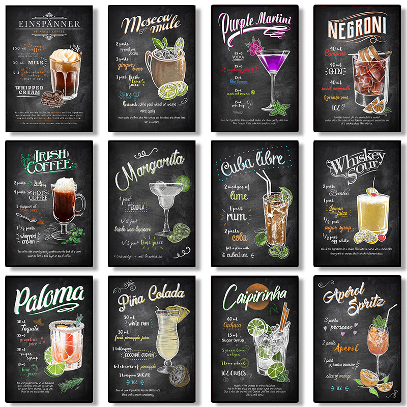 Negroni Bloody Mary Daiquiri Drycker och cocktails Blackboard Art Poster Canvas Målning Väggkonst för barkökrum Heminredning