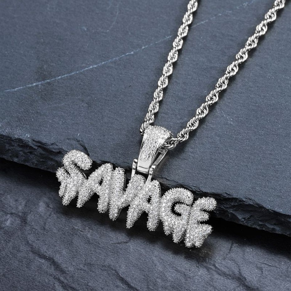 Bling Bling Savage Letter Necklace & Pendant Shiny Ice Out Link Chain Necklace With Tennis Chain Choker Hip Hop Jewelry for Men305k