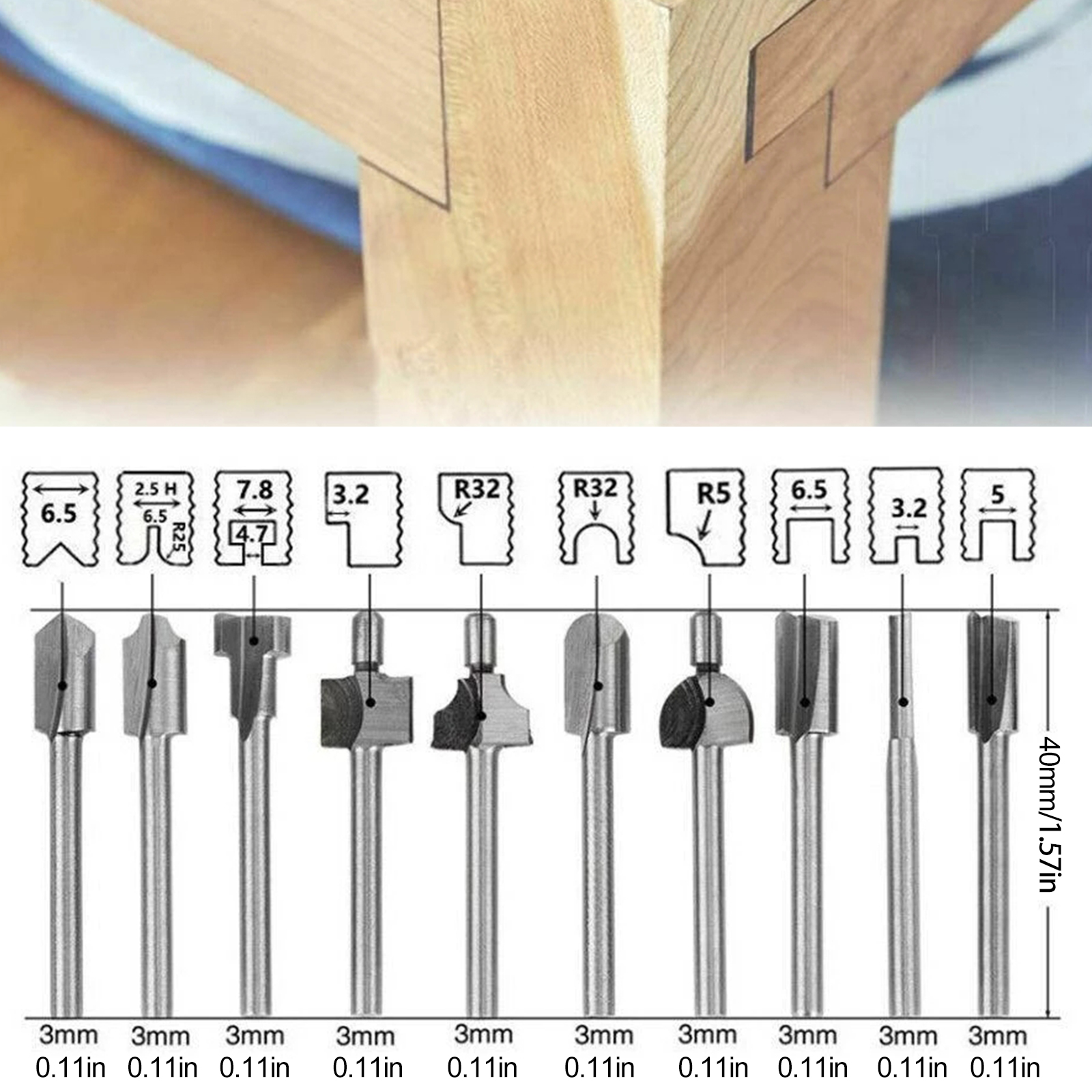10 -stcs 3,2 mm routeringsrouter boorbits ingesteld voor dremel roterend gereedschap houten stenen metalen wortel snijmalen snijder