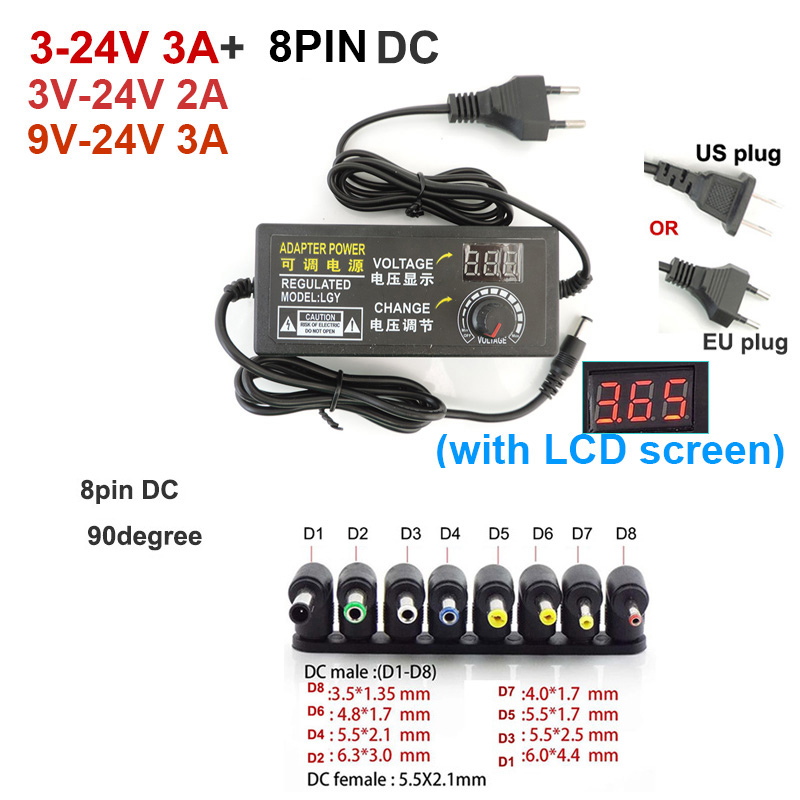 Universal 220V to 12 V DC Adapter مصدر الطاقة القابل للتعديل 3V 5V 6V 9V 12V 15V 18V 24V 3A 5A فولت 24W 72W 60W 8 DC Connector P1