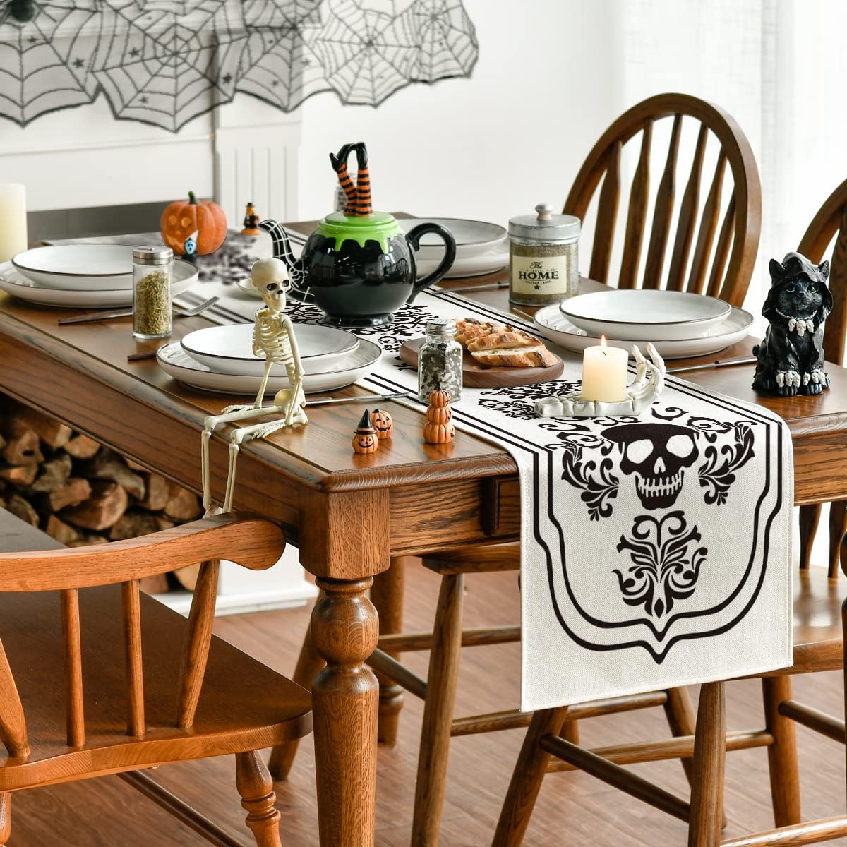 Skull Silhouette Floral Day of The Dead Table Runner Halloween Autumn Kitchen Rectangle Table Decor Table Runner Home Party