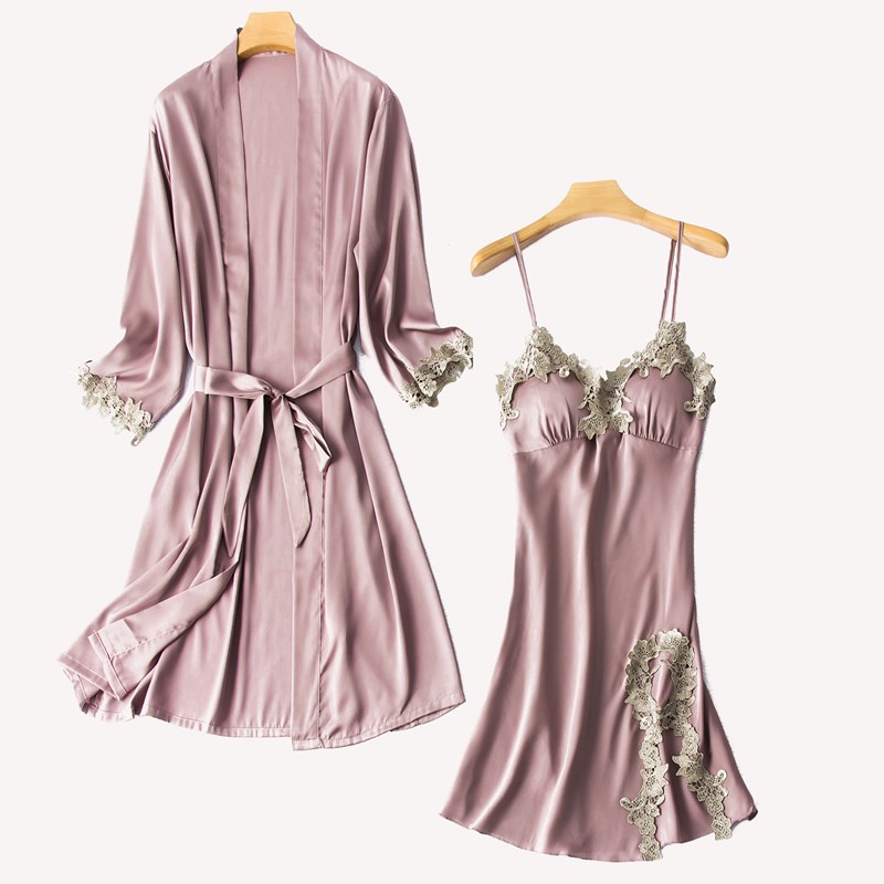 Robe patchwork en dentelle en satin set Femmes Silky Sleepwear Sexy V-Neck Nightyrobe Set Femme Sleep Sleep Set Kimono