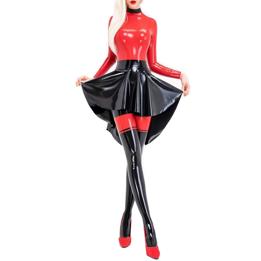 Sexy Unique Men Women Latex Catsuit and Irregular Swallow Tail Skirt Overall Rubber Fetish Bodysuit Jumpsuit Handmade S-LC361