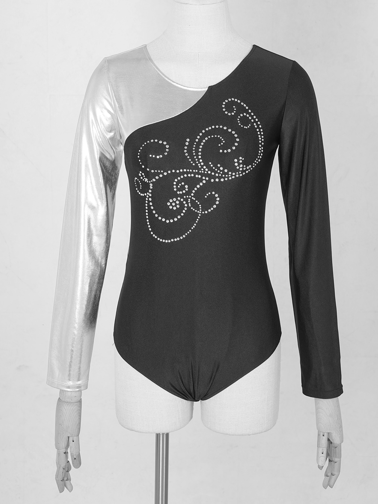 Kvinnor Glitter Rhinestone Shiny Metallic Gymnastics Leotard Ballet Dance Bodysuit Color Block långärmad Figur Skating Costumes