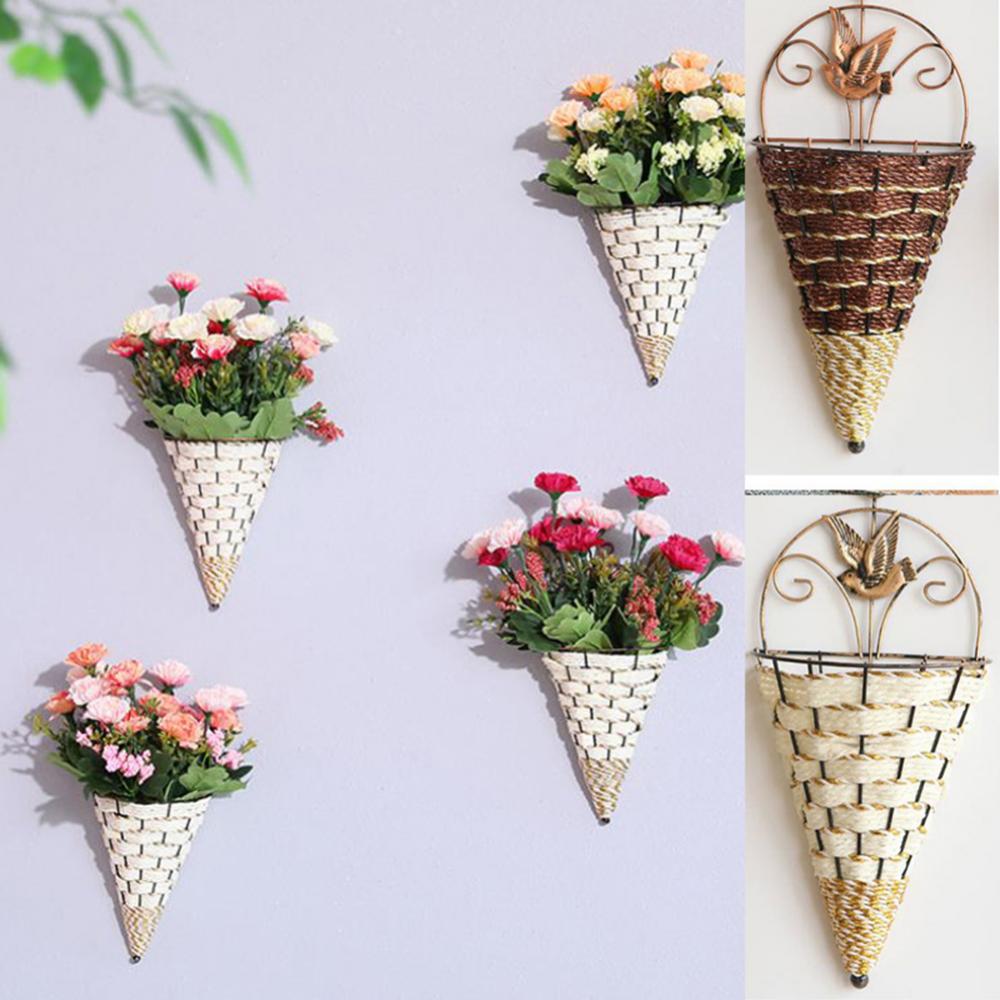 Hanging Baskets Flower Pot Vintage Ice Cream Shape Wall Hanging Wicker Basket Planter Pot Storage Rack Home Decor Plant Vases