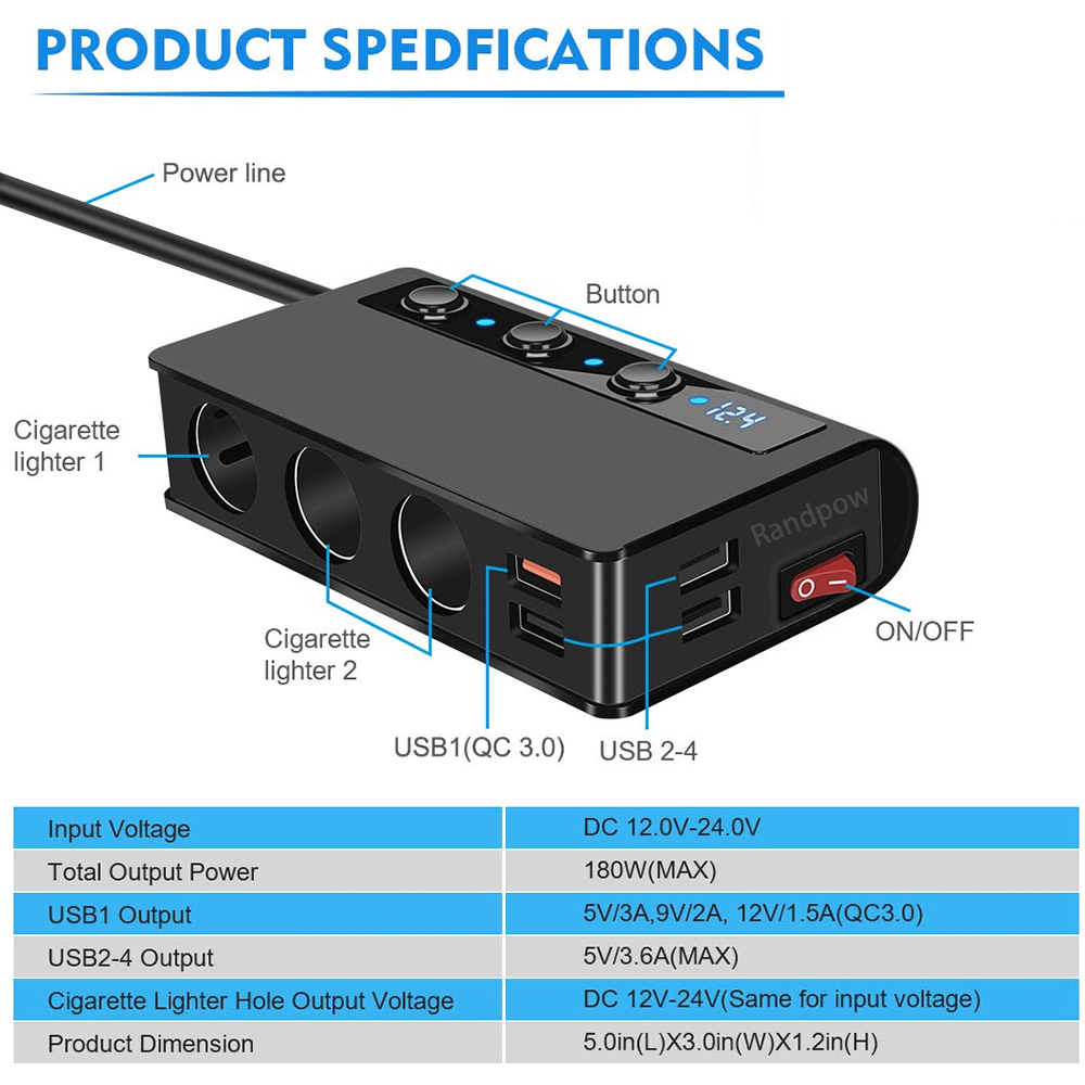 Randpow tändare QC3.0 4 USB Port Car Charger USB Charger 180W Cigarettändare Adapte Auto Power Adapter Typ C Socket Splitter