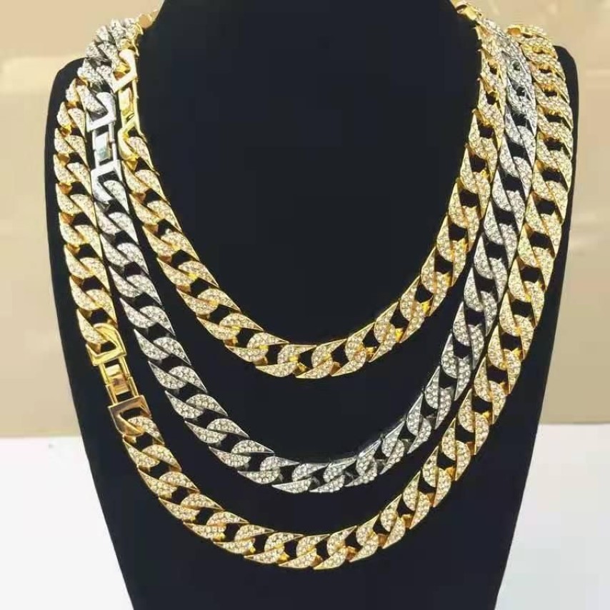 Chains Rapper Hip Hop Iced Out Paved Rhinestone 15MM Miami Curb Cuban Link Chain Gold Sliver Necklaces For Men Women Jewelry Set C2022