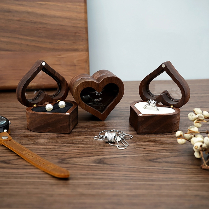 Wedding Love Ring Box Walnut Pair Ring Opslag Verpakking Geschenkdoos Hartvormige houten doos Ooorbudeer oorbellen Sieraden Doos Y08E