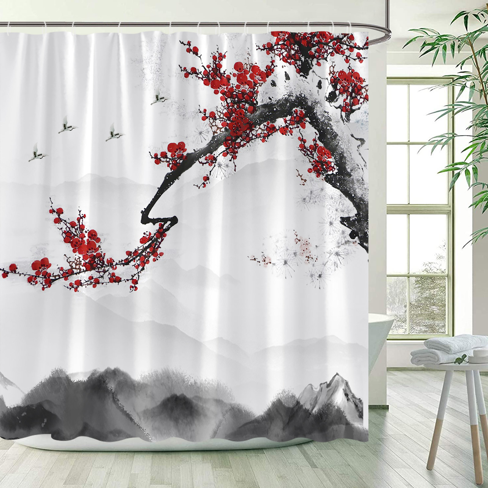 Coucons de douche à oiseaux de fleurs Bambou Green Bamboo Red Floral Mountain Ink Landscape Bath rideau Curtain Tissu de salle de bain Décor de salle de bain avec crochets