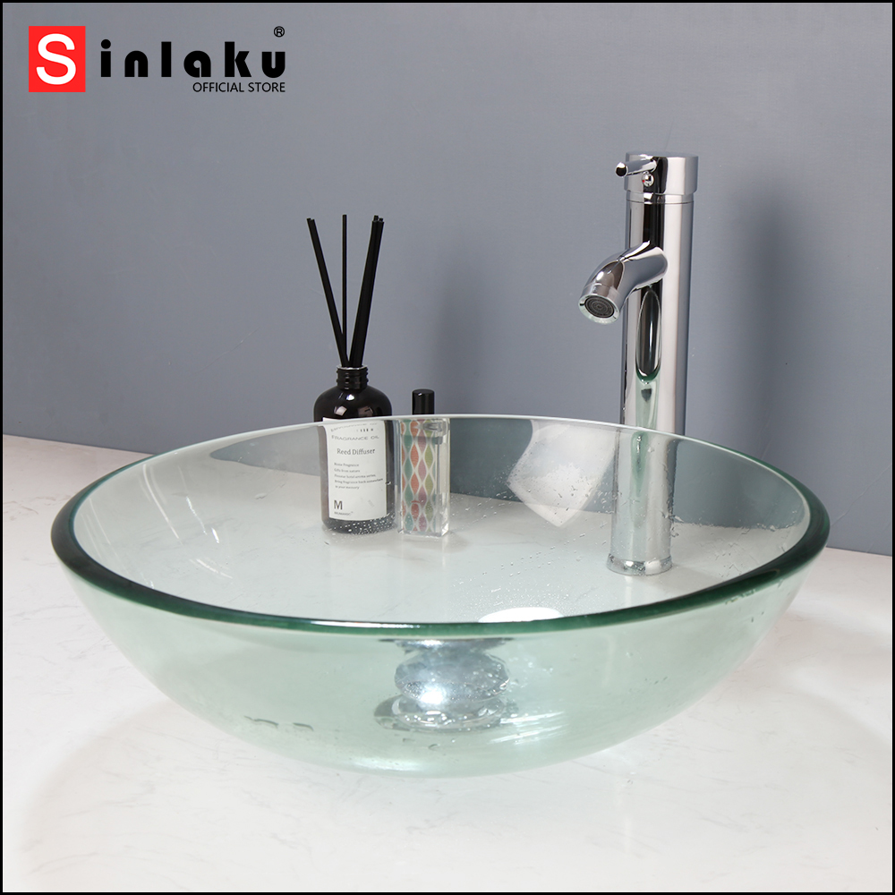 Sinlaku Salle de bain Transpar Évier de bassin en verre trempé avec chrome Finied Stream Robinet Washingin Pouettes de mélangeurs peints à la main