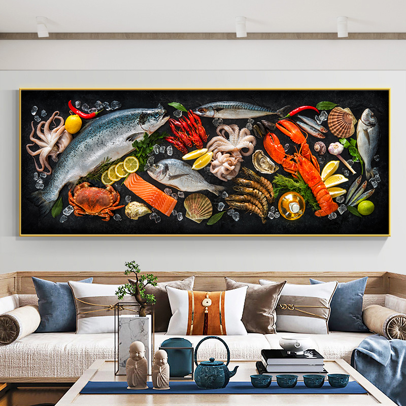 新鮮な魚とシーフードの壁の写真キャンバスペインティングウォールアートシーフィッシュロブスターイカポスターとリビングルームの装飾用のプリント