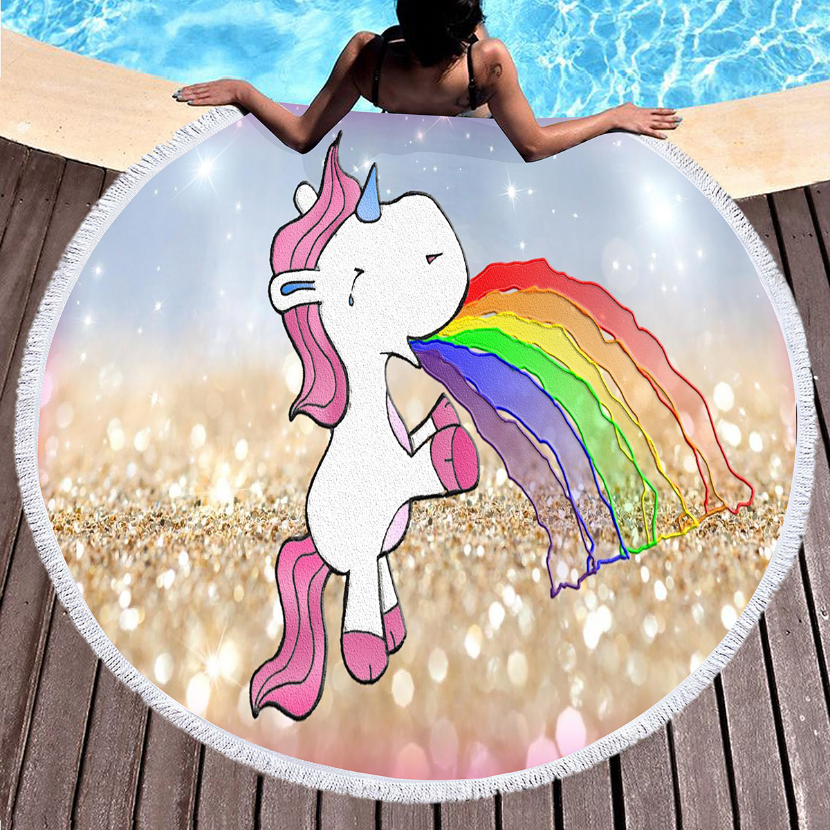 Asciugamano di spiaggia di unicorno rotondo, asciugamano spiaggia unicorno anime in microfibra, asciugamano da bagno a sabbia asciutta rapida assorbente asciugamano da bagno