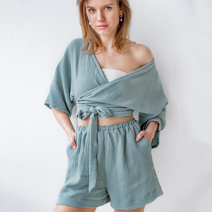 Summer Full Gauze Short Sleeve Tops Shorts Two-Piece Pajamas Sexy V-Neck Wrap Binding Crop Pijama Set Casual Home Clothes