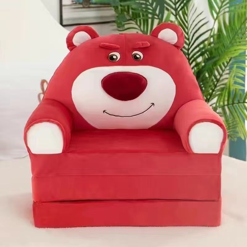 Bear Design Foldable Children Sofa Bed Kids Couch Backrest Armchair Upholstered 2 In 1 Flip Open Infant Seat Living Room Bedroom