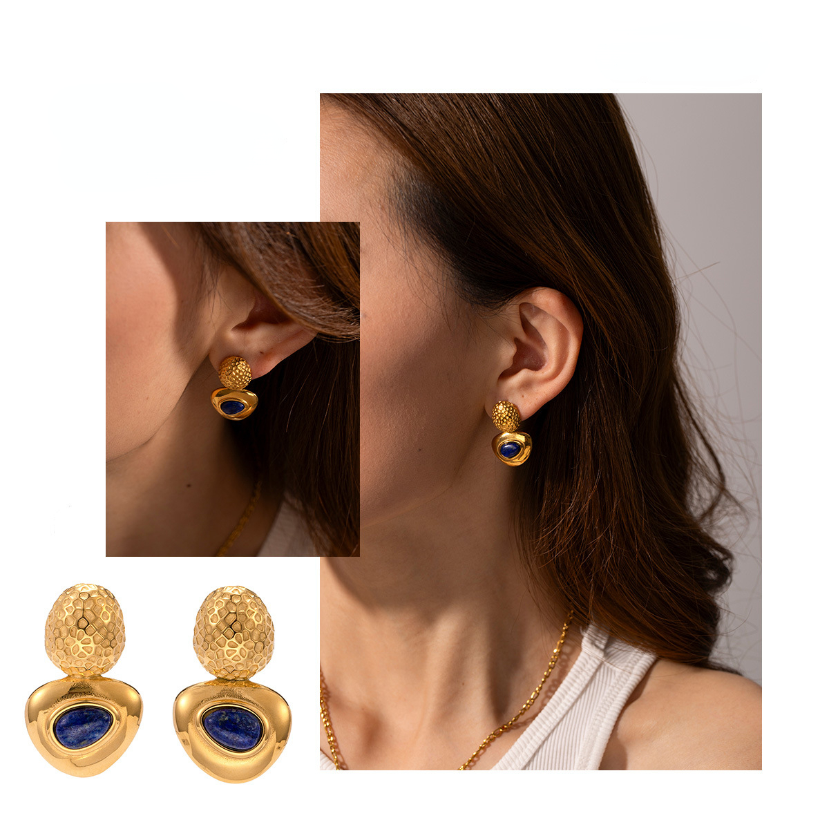 Modieuze 18k gouden roestvrijstalen oorbellen voor dames lapis lazuli ovaal hamerpatroon verbinding driehoek banket feestontwerper oorbellen oorbellen
